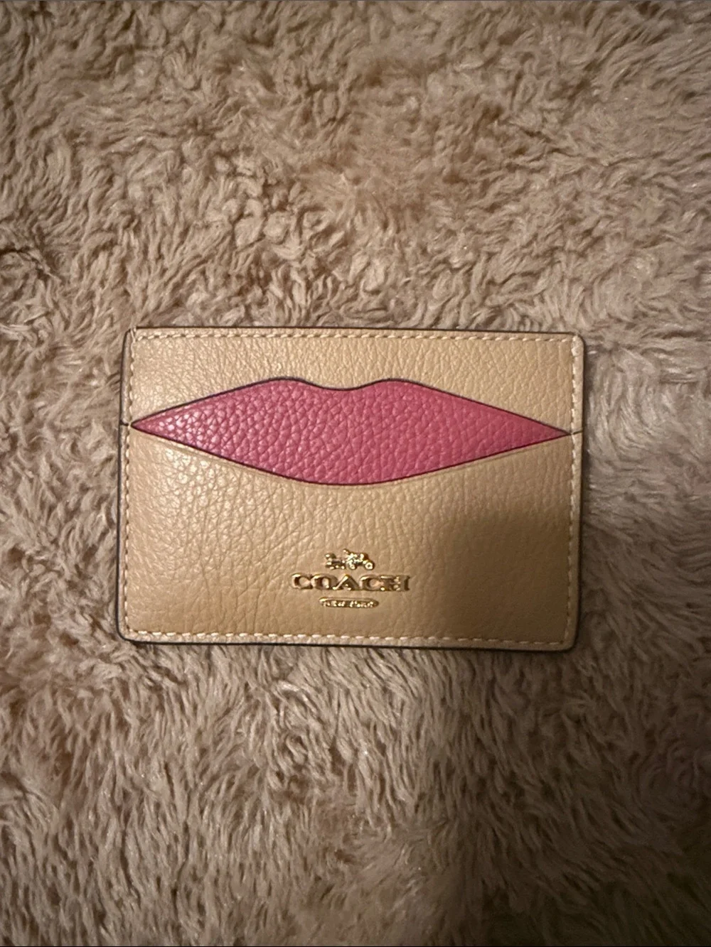 Coach Beige Leather Card Case with Pink Lip Detail